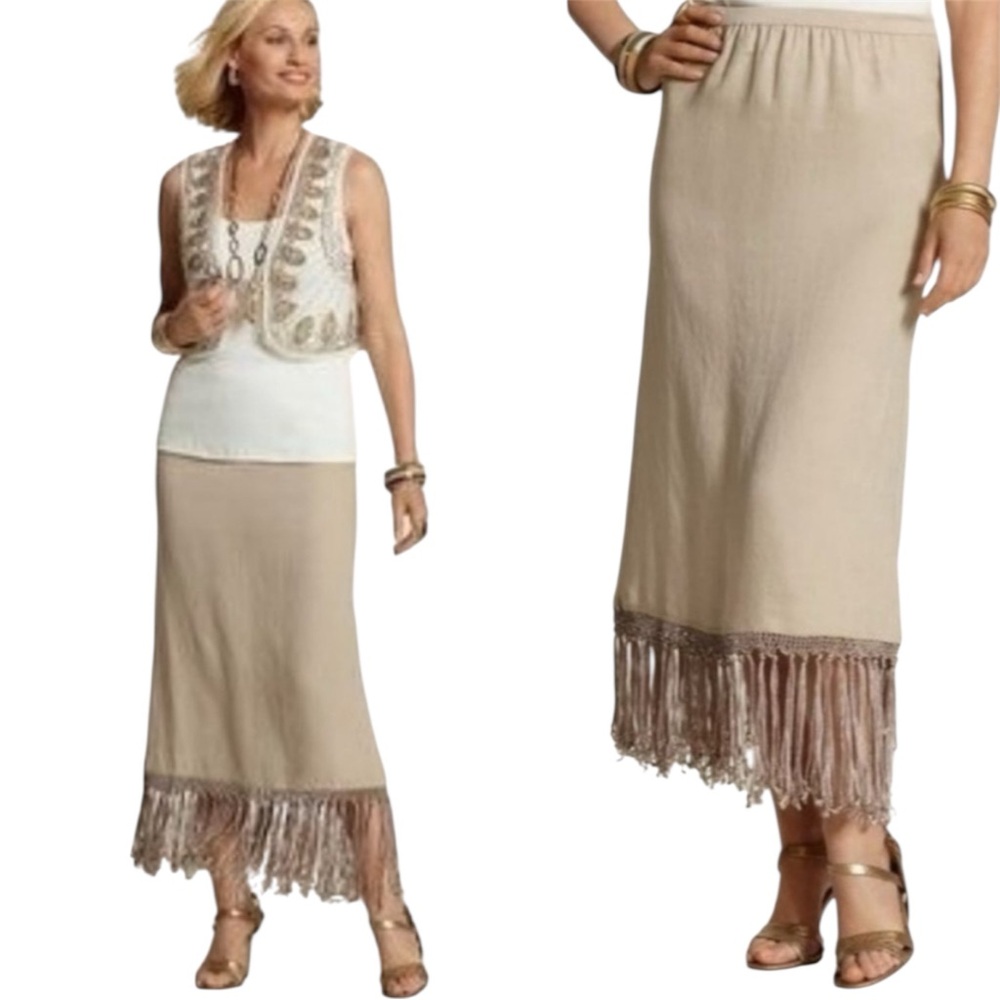 CHICOS | Linen Francesca Fringe Boho Maxi Skirt Size Large